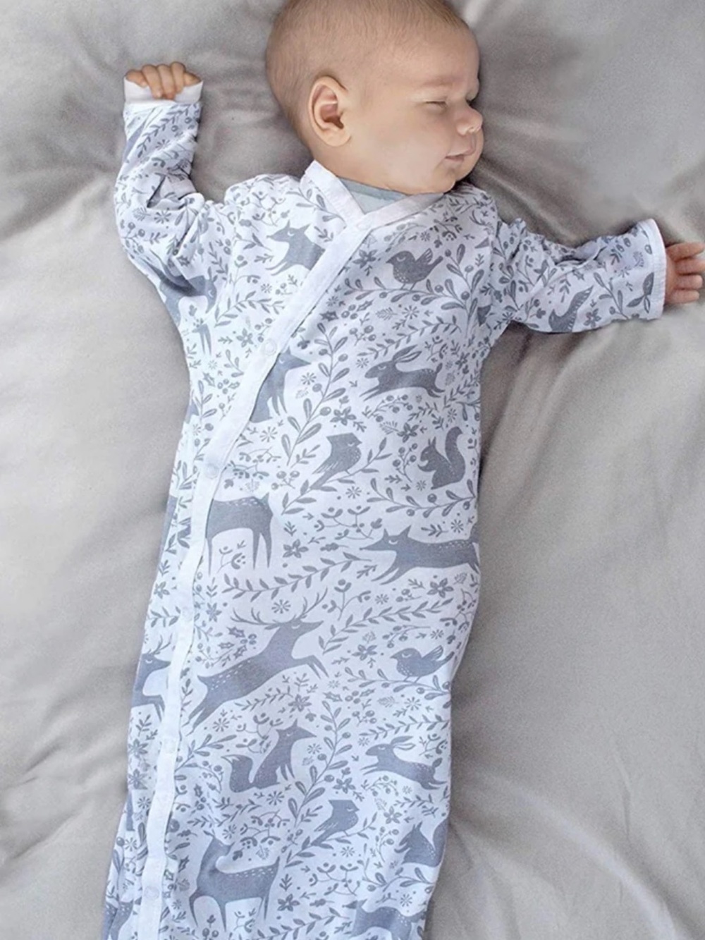 NWOT 3-6M Cambria Baby Organic Cotton Kimono Gown Snap Forest Animal Print
